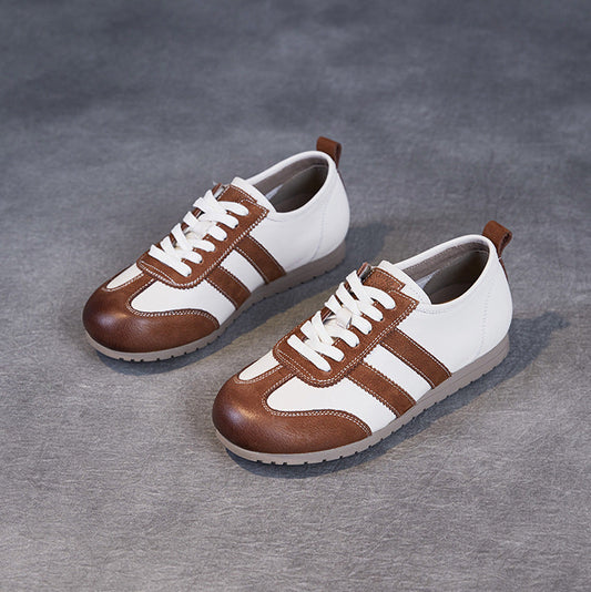 Women's Vintage-Inspired Color-Block Leather Sneakers - Breathable Unlined Flats
