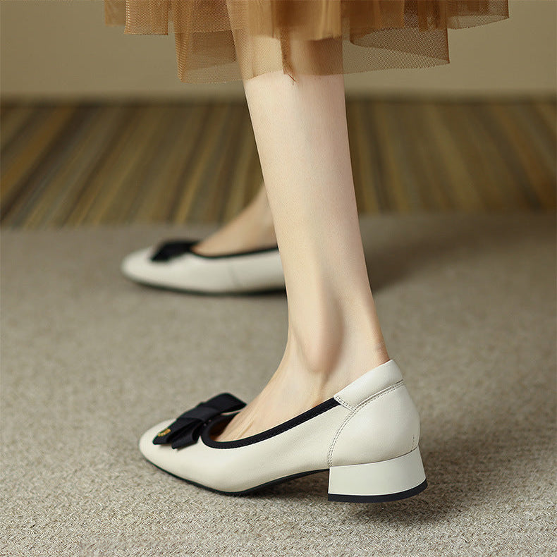 Women's Leather Ballet Flats - Round Toe with Elegant Bow Detail