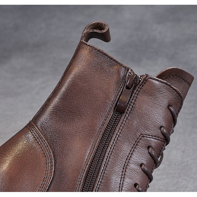 Women's Genuine Leather Casual Combat Boots with Side Zipper Closure