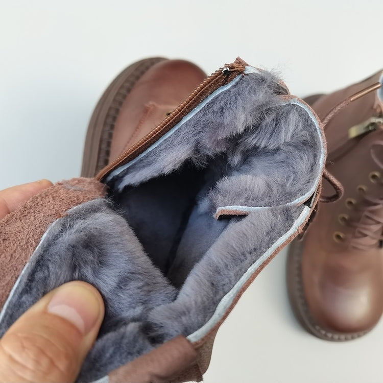 Women's Vintage Wide Toe Leather Shearling Boots – Cozy Winter Ankle Style