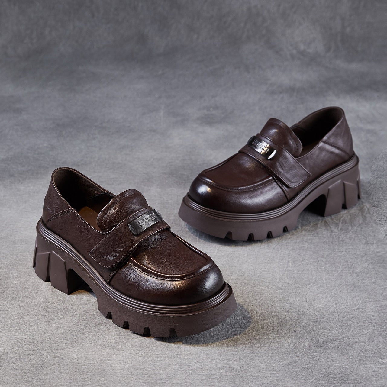 Women’s Leather Platform Block Heel Loafers – Vintage Metal Detail