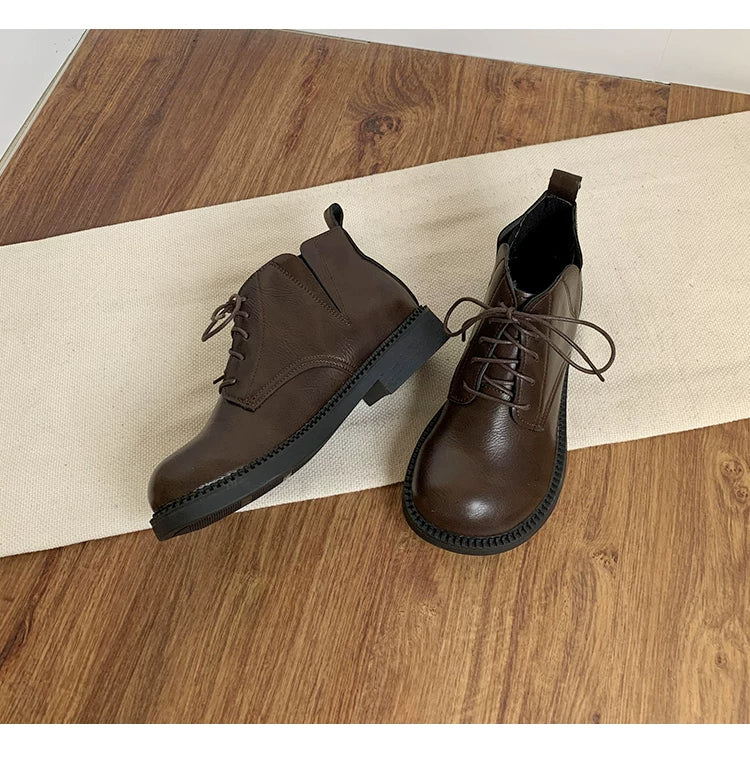 Women's Vegan Leather Ankle Boots Lace Up Casual Low Heel Booties Comfortable Walking Shoes
