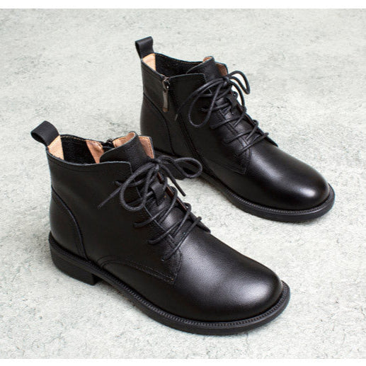Women's Classic Genuine Leather Ankle Boots – Lace-Up with Side Zipper Closure