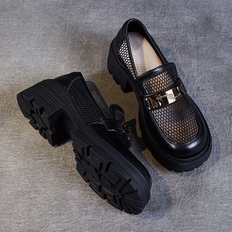 Women's Leather & Mesh Loafers Platform Lug Sole Breathable Hybrid Shoes