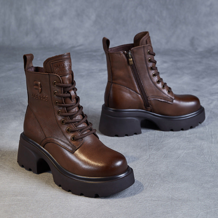 Women's Genuine Leather Lightweight Ankle Boots – Platform Chunky Heel
