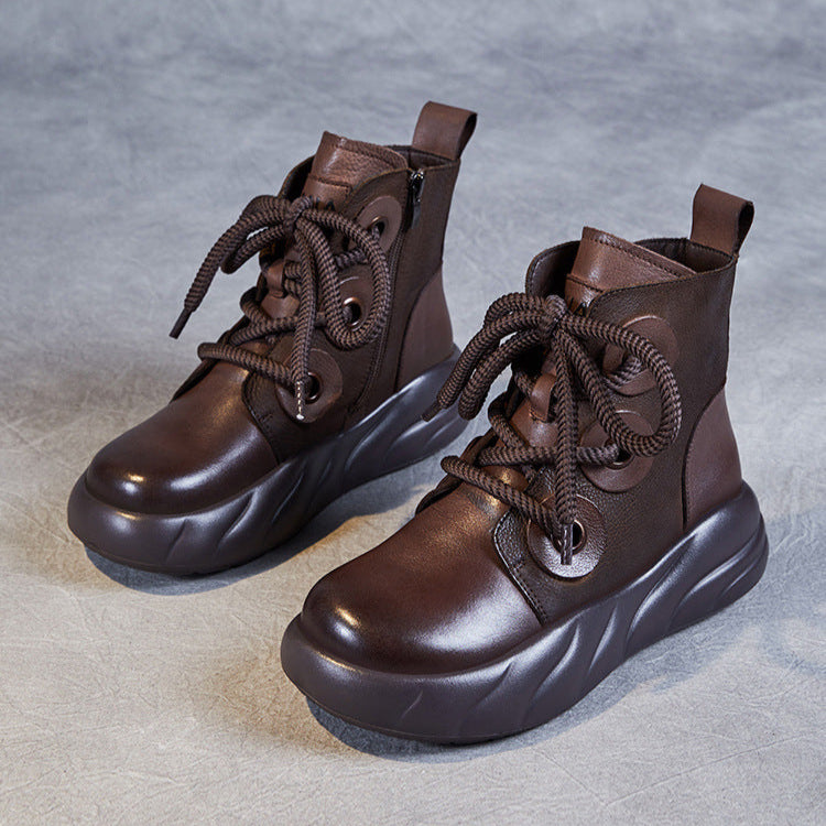 Women's Genuine Leather Lace-Up Ankle Boots – Casual Platform Chunky Sole