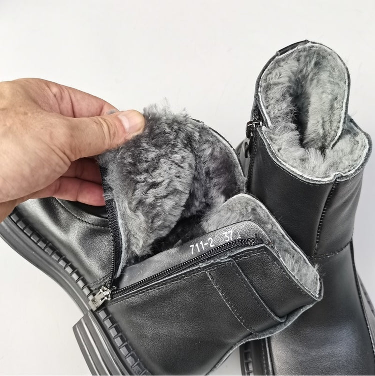 Women's Vintage Wide Toe Leather Derby Boots – Shearling Lined Winter Ankle Boots