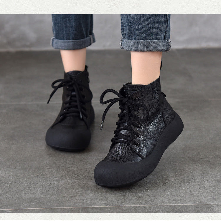 Women's Leather Daily Walking Boots – Lace-Up and Side Zipper