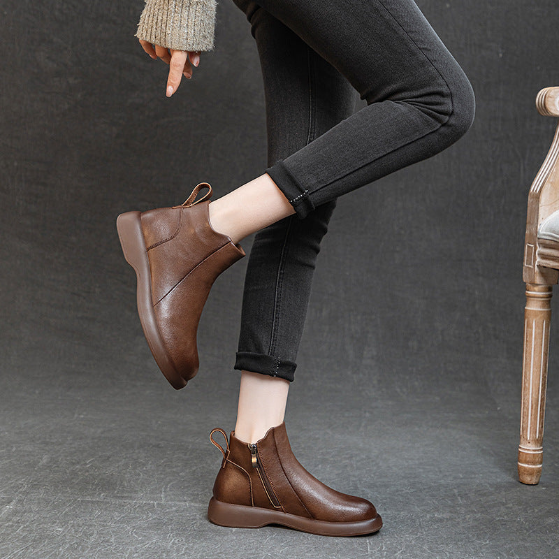 Women's Comfortable Leather Ankle Boots – Low Heel with Side Zipper