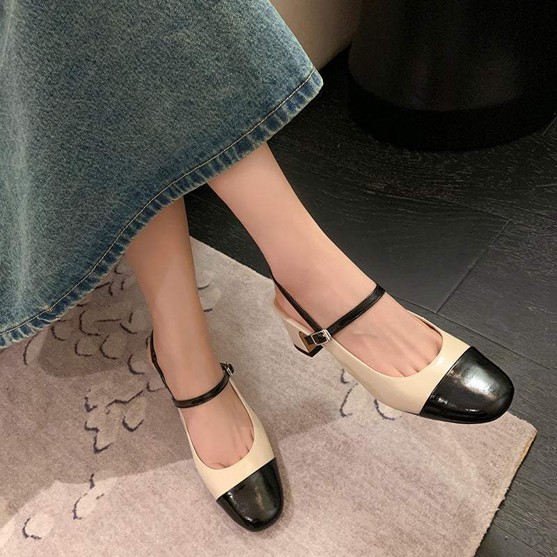 Women's Elegant French Patchwork Slip On Closed Toe Mid Heel Sandals