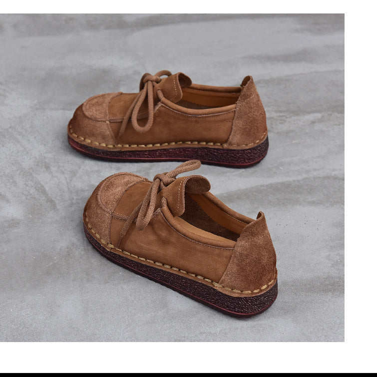 Women's Leather Lace-Up Flat Shoes – Comfortable Patchwork Casual Style