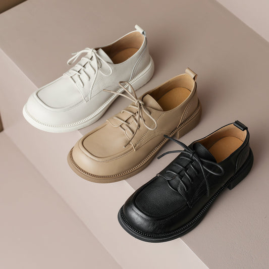 Handcrafted Women's Square-Toe Leather Lace-Up Low Heel – Casual Style