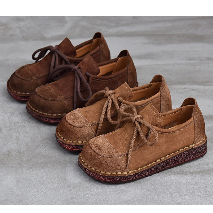 Women's Leather Lace-Up Flat Shoes – Comfortable Patchwork Casual Style