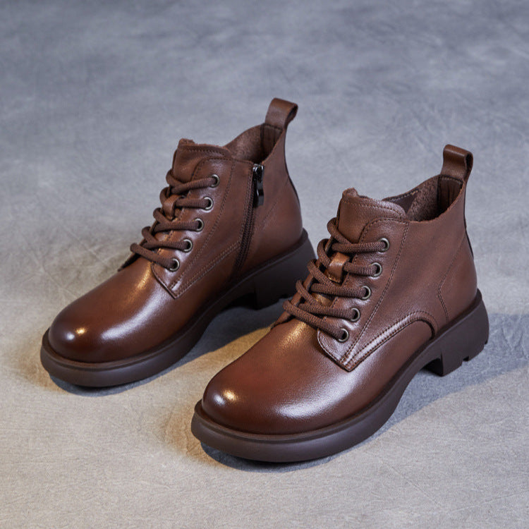 Women's Genuine Leather Casual Ankle Boots – Round Toe with Side Zipper