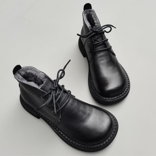 Wide Toe Leather Ankle Boots for Women – Lace-up Handmade Shearling Winter Shoes