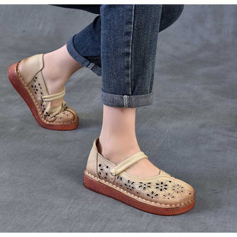 Women's Leather Floral Cutout Sandals – Breathable Summer Style