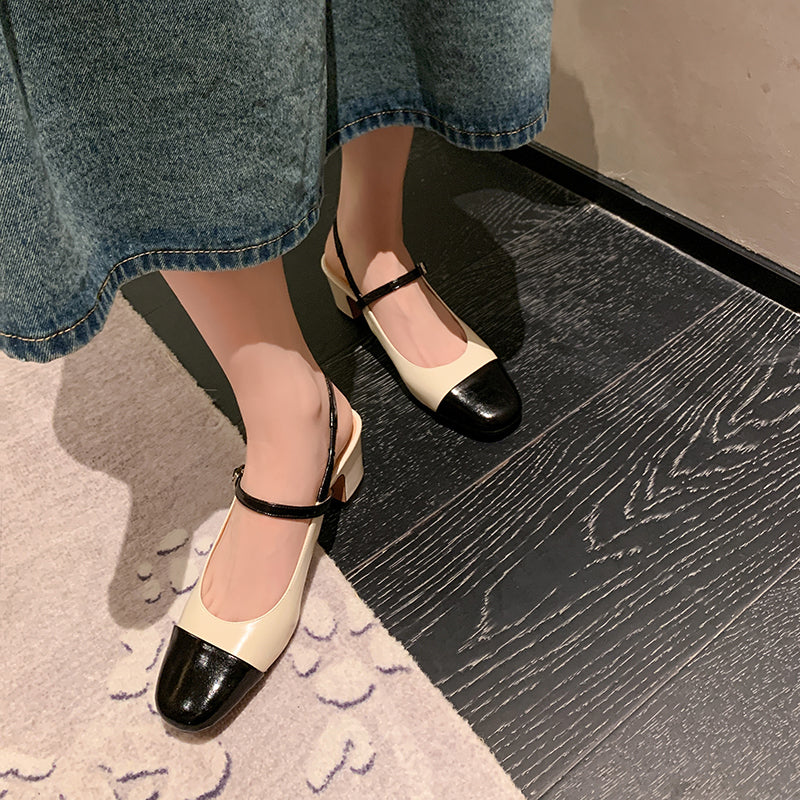 Women's Elegant French Patchwork Slip On Closed Toe Mid Heel Sandals
