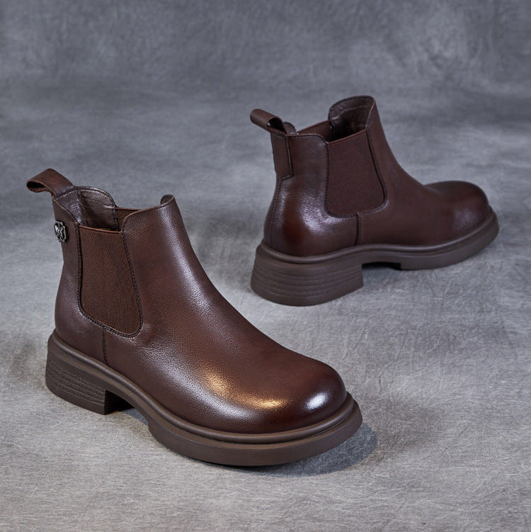 Women's Leather Short Boots – Chelsea Style Chunky Heel Comfort Shoes