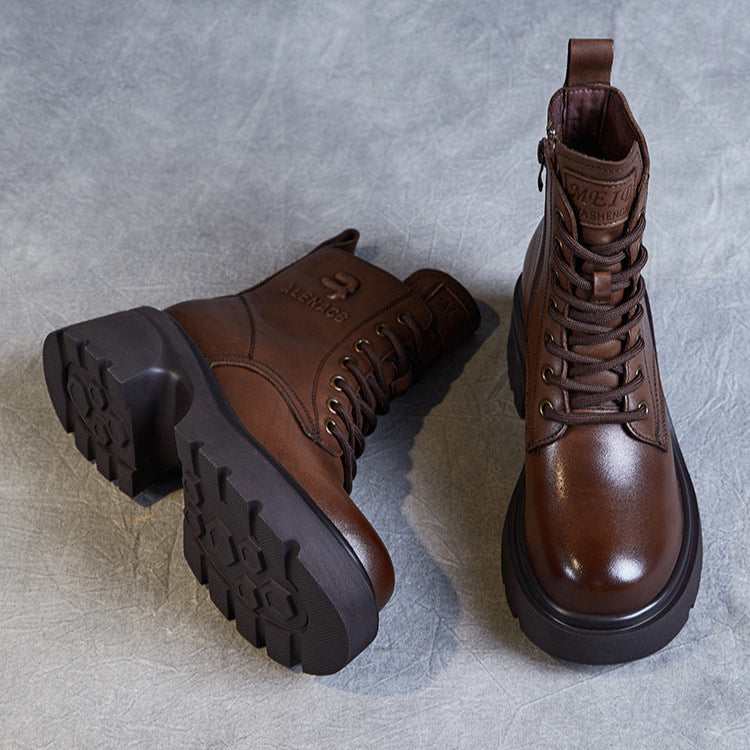 Women's Genuine Leather Lightweight Ankle Boots – Platform Chunky Heel