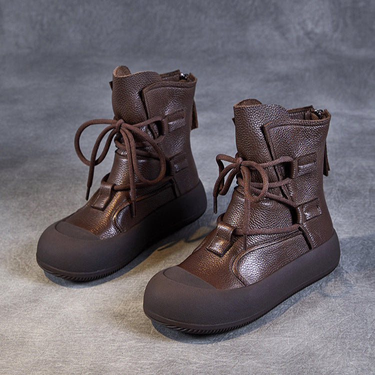Women's Lace-Up Platform Boots – Genuine Leather Casual Back Zipper Boots