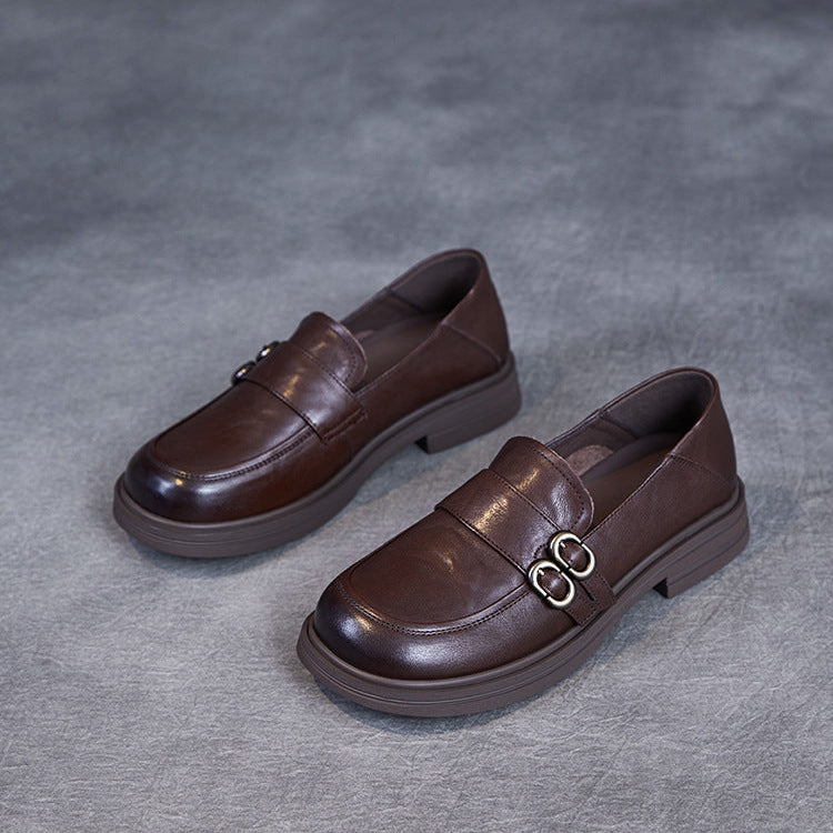 Women’s Leather Slip-On Loafers – Vintage British Low Heel