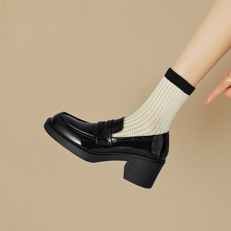 Women's Patent Leather Penny Loafers Retro Round Toe Chunky Block Heel Slip-on Pumps