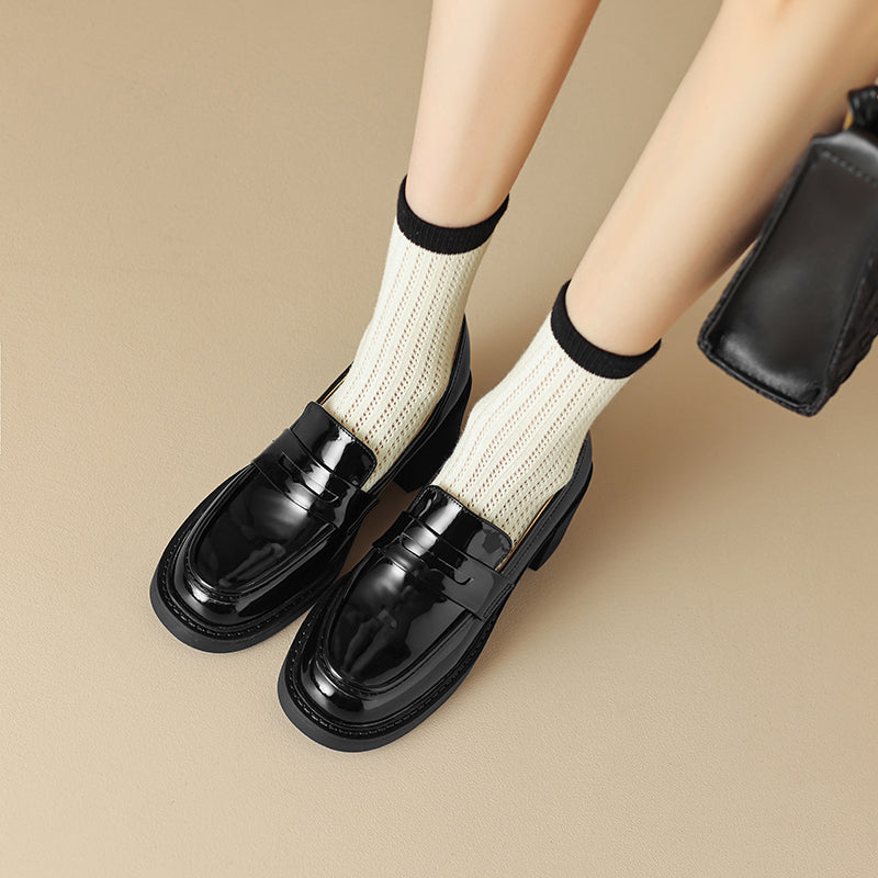 Women's Patent Leather Penny Loafers Retro Round Toe Chunky Block Heel Slip-on Pumps