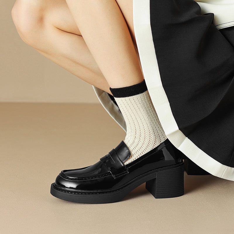 Women's Patent Leather Penny Loafers Retro Round Toe Chunky Block Heel Slip-on Pumps