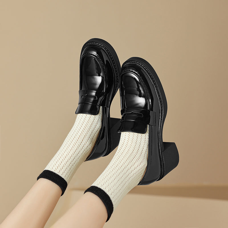 Women's Patent Leather Penny Loafers Retro Round Toe Chunky Block Heel Slip-on Pumps