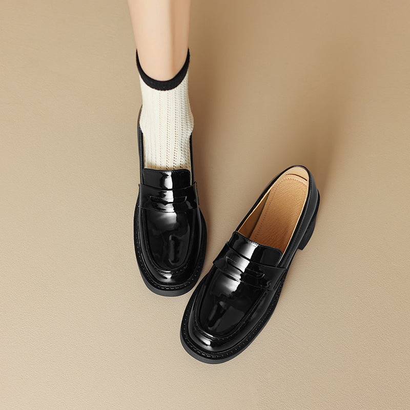 Women's Patent Leather Penny Loafers Retro Round Toe Chunky Block Heel Slip-on Pumps