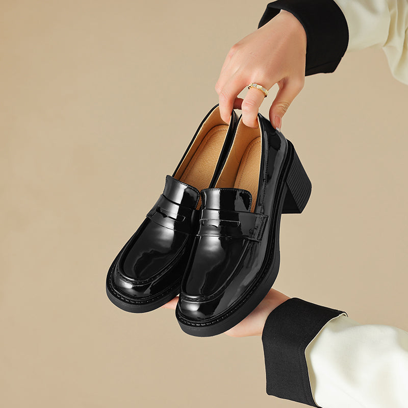 Women's Patent Leather Penny Loafers Retro Round Toe Chunky Block Heel Slip-on Pumps