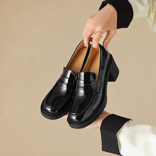 Women's Patent Leather Penny Loafers Retro Round Toe Chunky Block Heel Slip-on Pumps