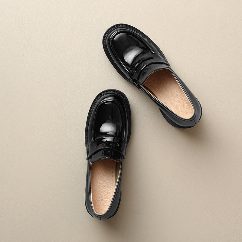 Women's Patent Leather Penny Loafers Retro Round Toe Chunky Block Heel Slip-on Pumps