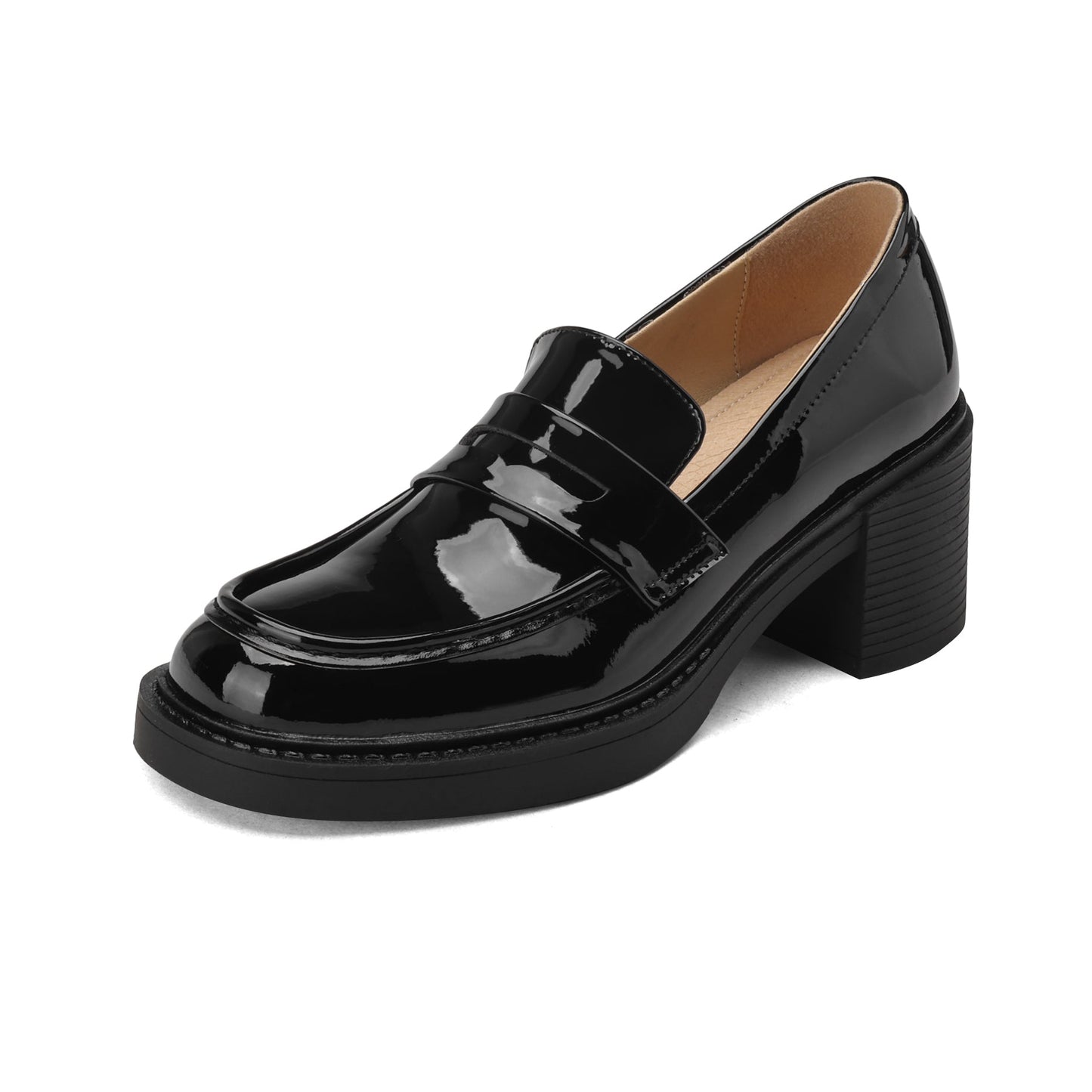 Women's Patent Leather Penny Loafers Retro Round Toe Chunky Block Heel Slip-on Pumps