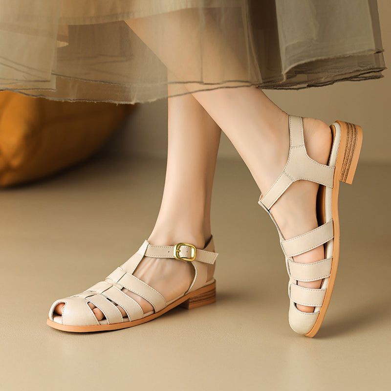 Women's Leather Fisherman Sandals - Round Toe T-Strap Summer Flats