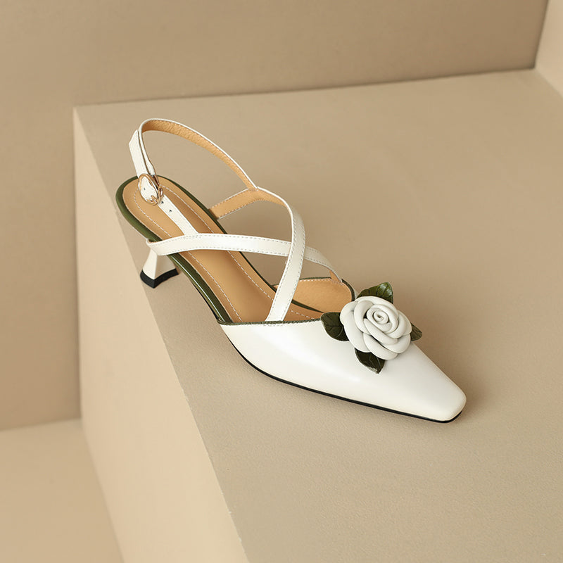 Women's Handmade Leather Elegant Stereoscopic Flower Cross Strap Mid Heel Sandals
