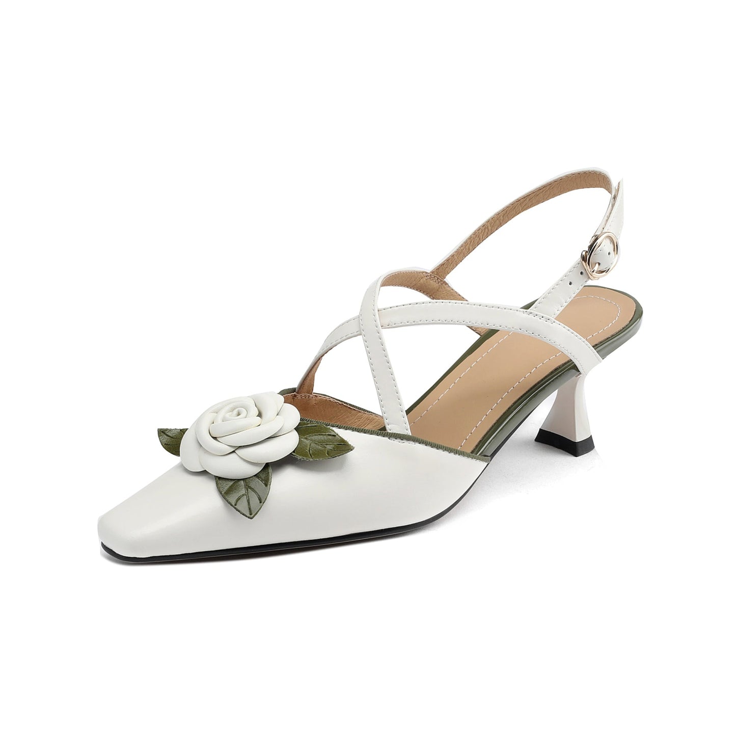 Women's Handmade Leather Elegant Stereoscopic Flower Cross Strap Mid Heel Sandals