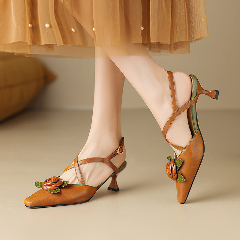 Women's Handmade Leather Elegant Stereoscopic Flower Cross Strap Mid Heel Sandals