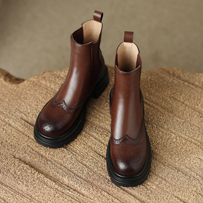 Women's Brogue Cowhide Chelsea Boots Platform Mid Block Heel Ankle Booties