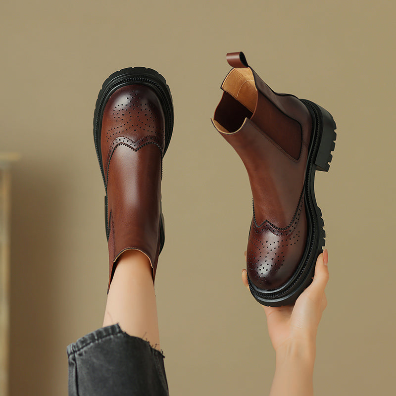 Women's Brogue Cowhide Chelsea Boots Platform Mid Block Heel Ankle Booties