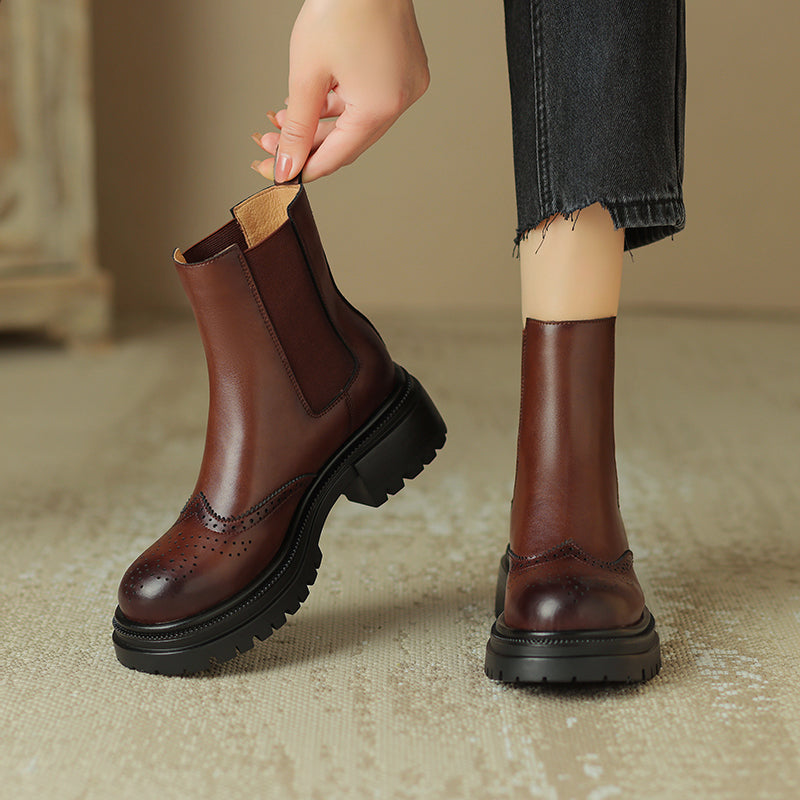 Women's Brogue Cowhide Chelsea Boots Platform Mid Block Heel Ankle Booties