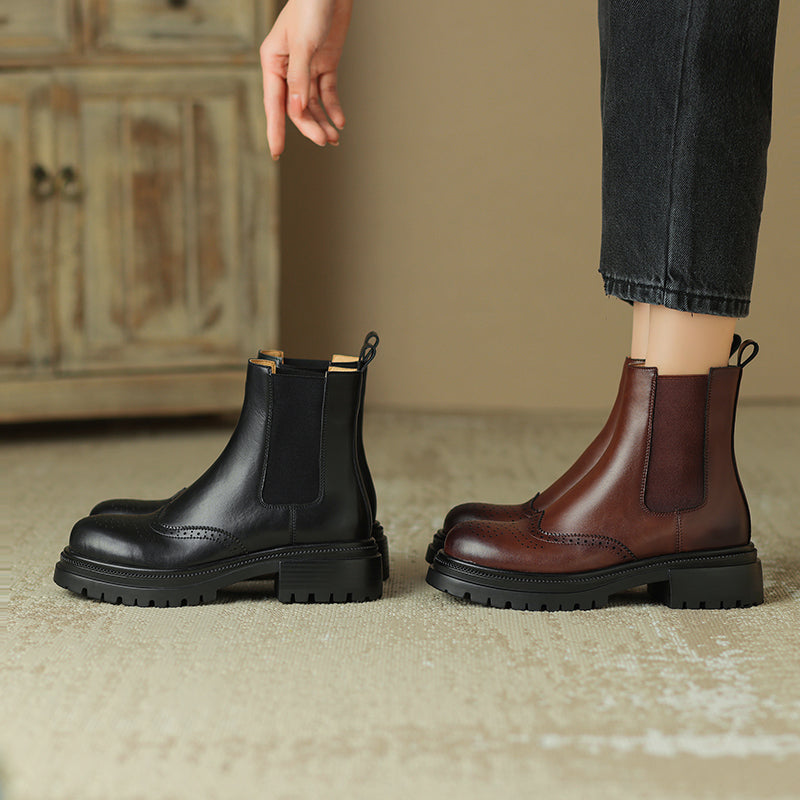Women's Brogue Cowhide Chelsea Boots Platform Mid Block Heel Ankle Booties