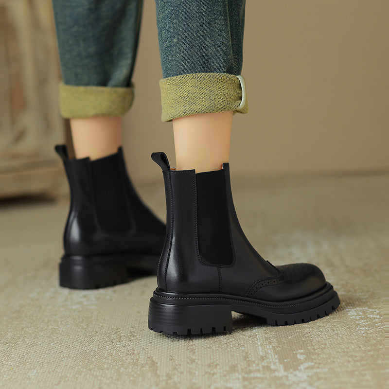 Women's Brogue Cowhide Chelsea Boots Platform Mid Block Heel Ankle Booties
