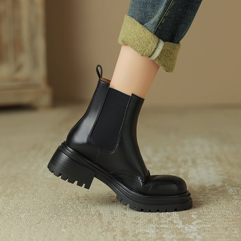 Women's Brogue Cowhide Chelsea Boots Platform Mid Block Heel Ankle Booties
