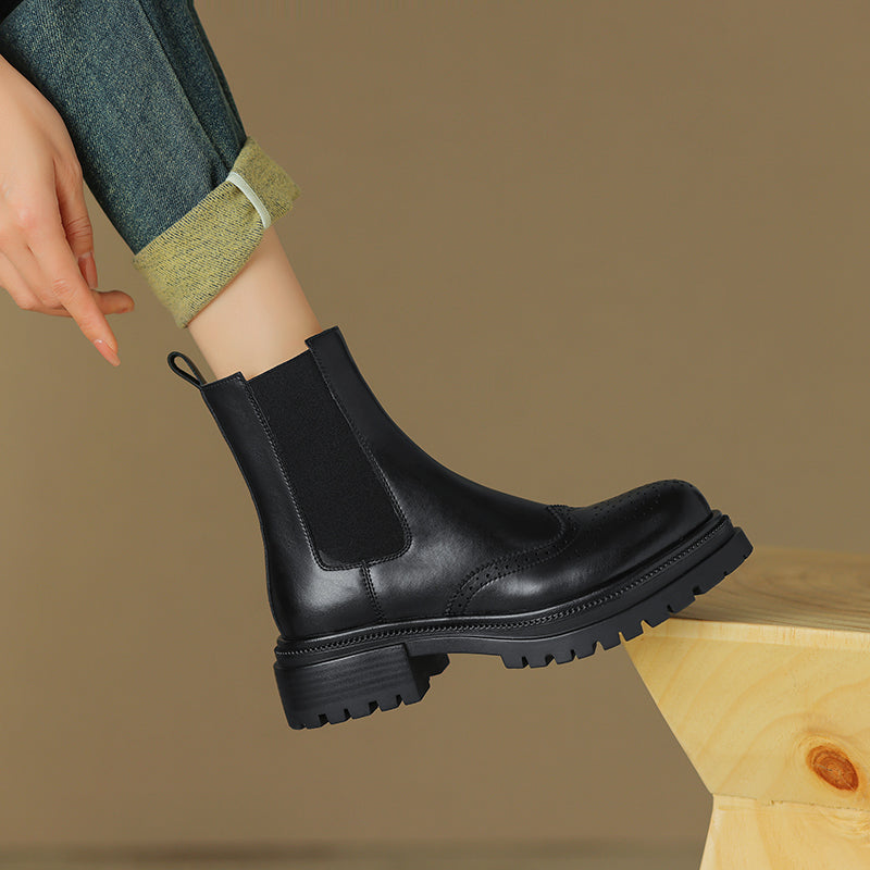 Women's Brogue Cowhide Chelsea Boots Platform Mid Block Heel Ankle Booties
