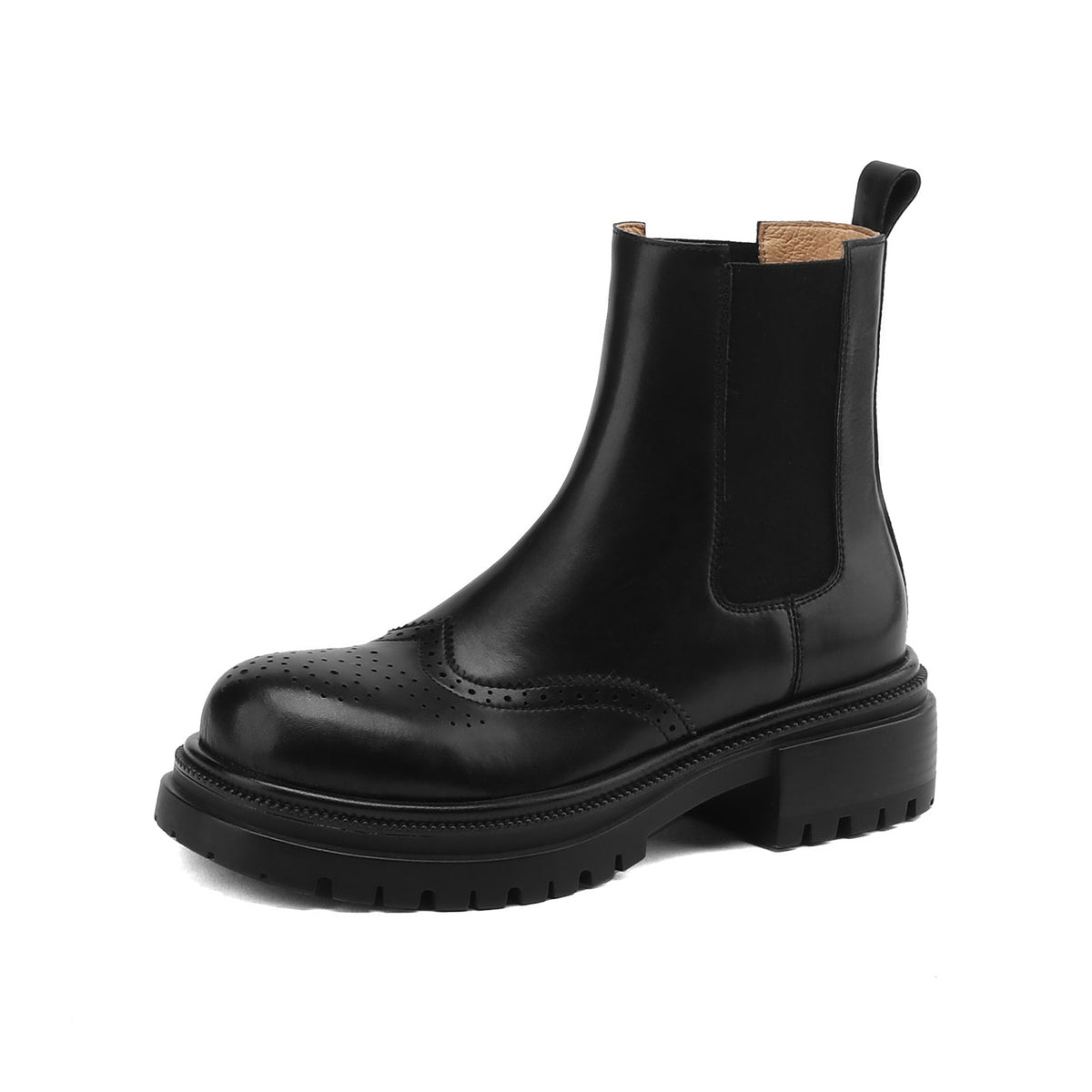 Women's Brogue Cowhide Chelsea Boots Platform Mid Block Heel Ankle Booties