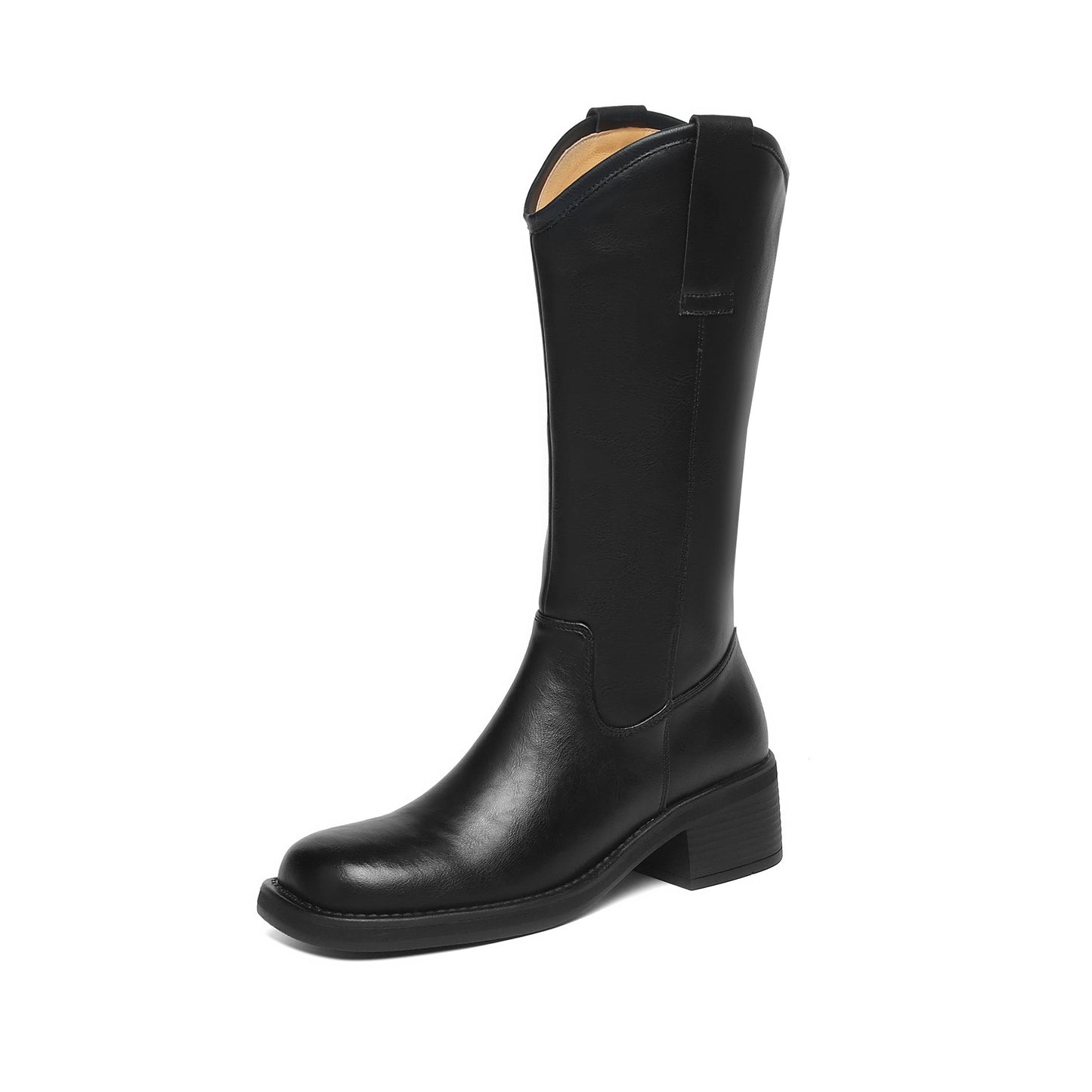 Cowhide Leather Square Toe Low Block Heel Boots for Women – Slip-On Calf Design