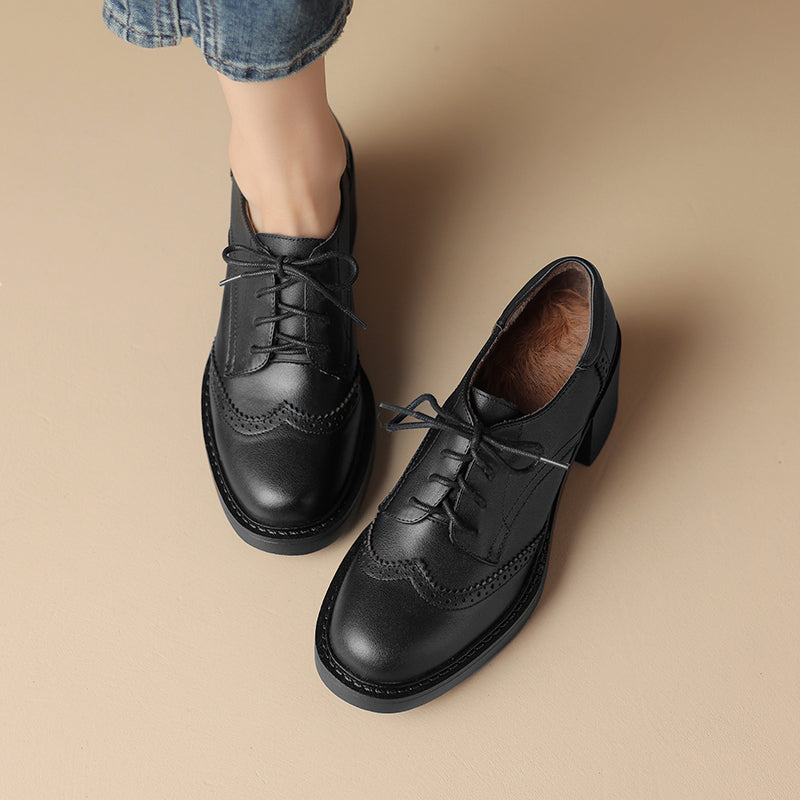 Women's Leather Brogue Oxfords Winter Warm Fur Lined Round Toe Lace-up Block Heel Pumps