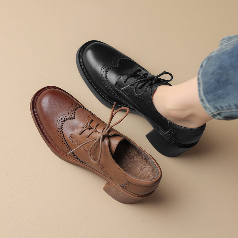 Women's Leather Brogue Oxfords Winter Warm Fur Lined Round Toe Lace-up Block Heel Pumps