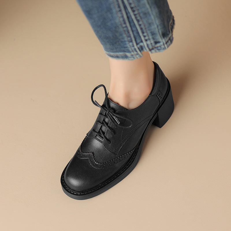 Women's Leather Brogue Oxfords Winter Warm Fur Lined Round Toe Lace-up Block Heel Pumps